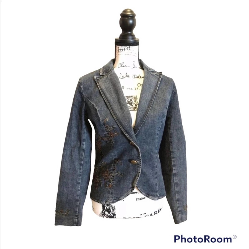 Casual Corner Blazer Denim Jean Jacket Blue Size 4 Embellished Bling vintage